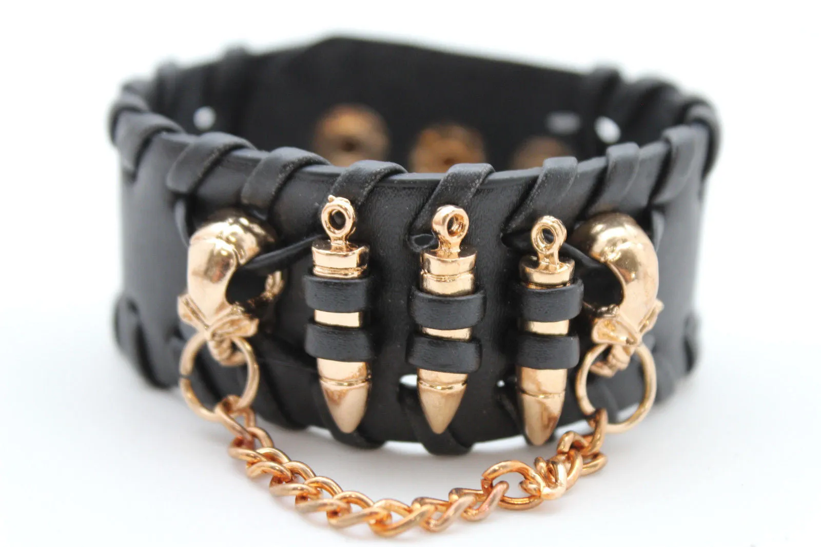 Black Faux Leather Gold Metal Bracelet Chains Skulls Bullet Charms Women Men