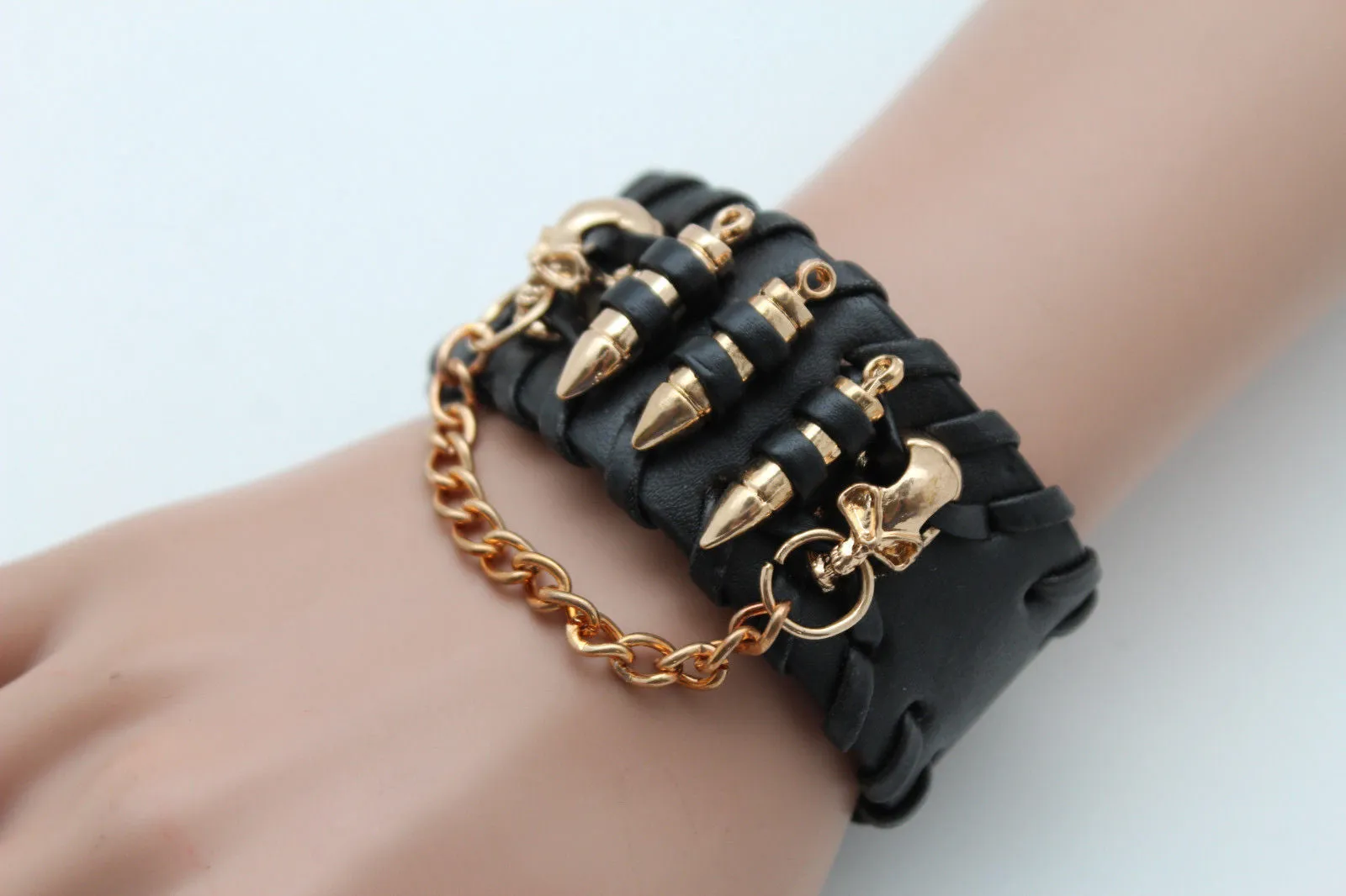 Black Faux Leather Gold Metal Bracelet Chains Skulls Bullet Charms Women Men