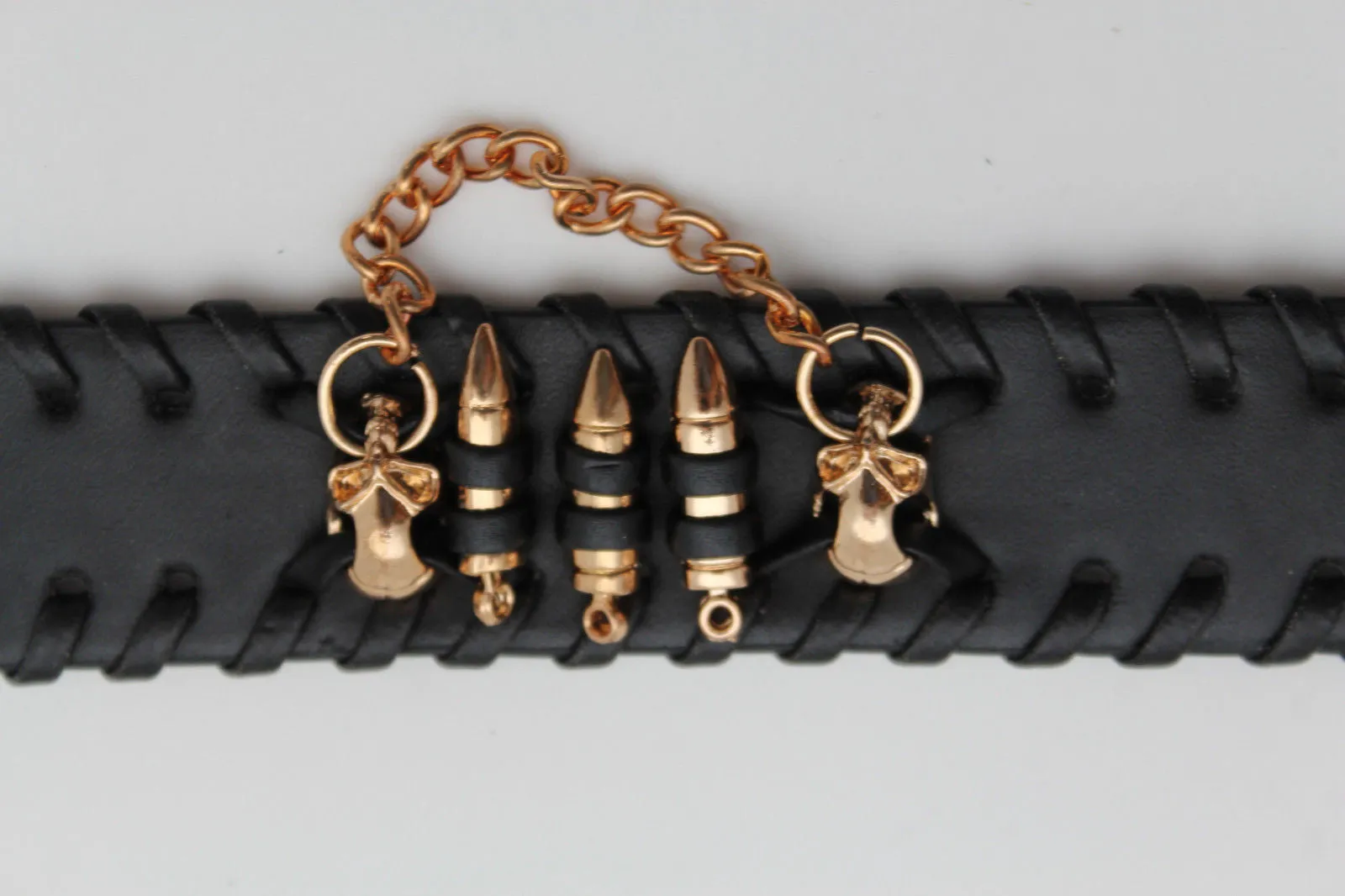 Black Faux Leather Gold Metal Bracelet Chains Skulls Bullet Charms Women Men