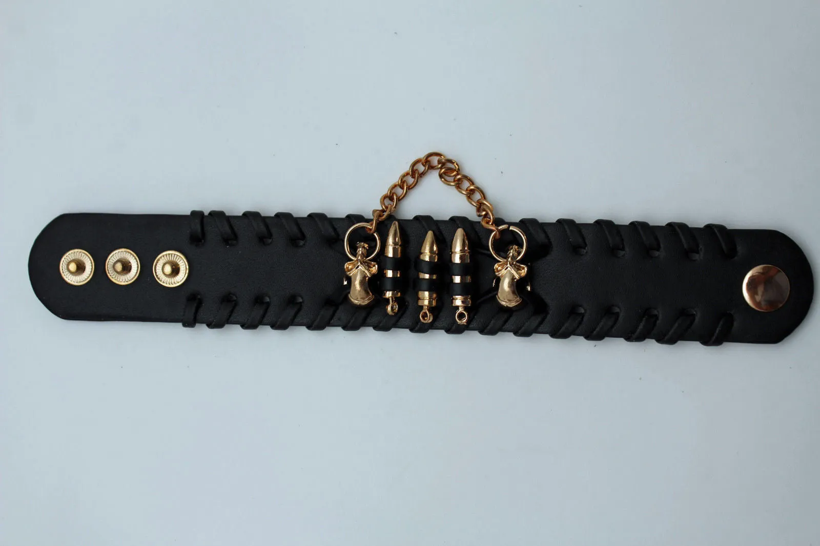 Black Faux Leather Gold Metal Bracelet Chains Skulls Bullet Charms Women Men