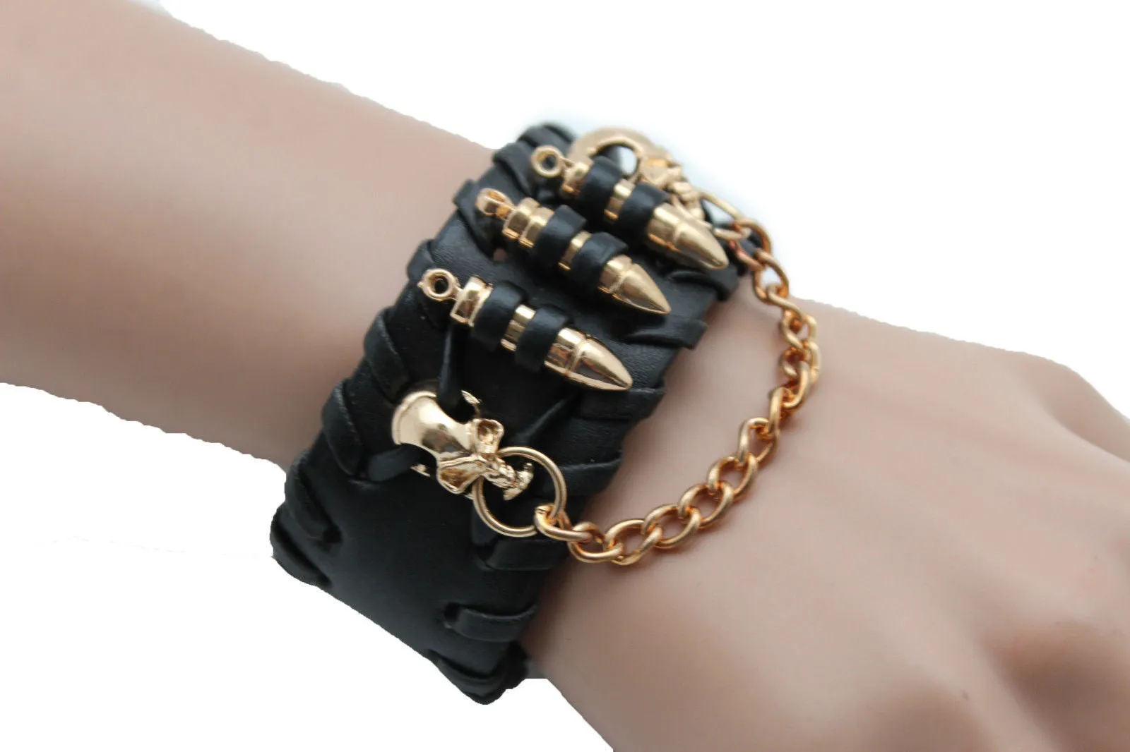 Black Faux Leather Gold Metal Bracelet Chains Skulls Bullet Charms Women Men