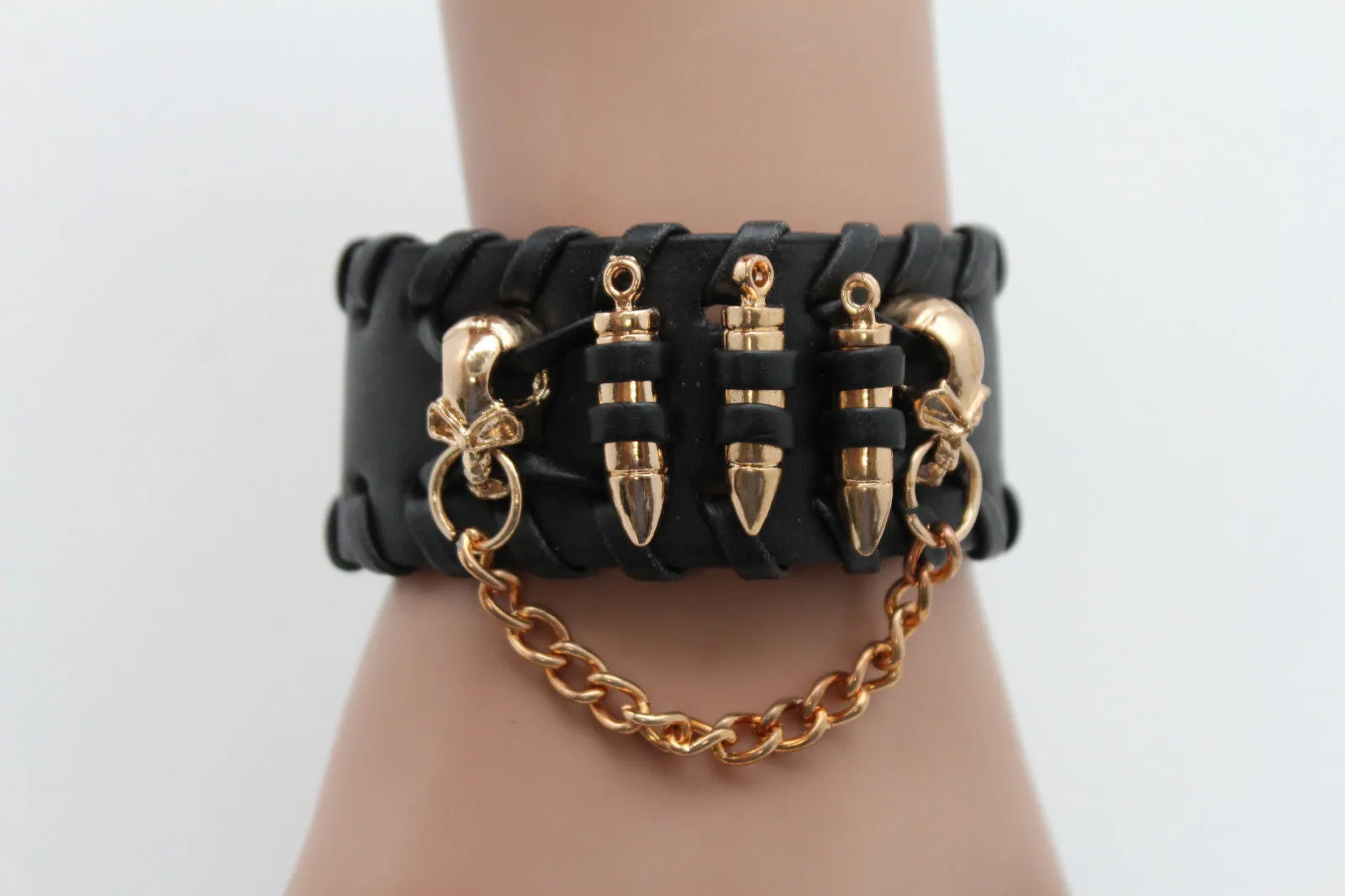 Black Faux Leather Gold Metal Bracelet Chains Skulls Bullet Charms Women Men