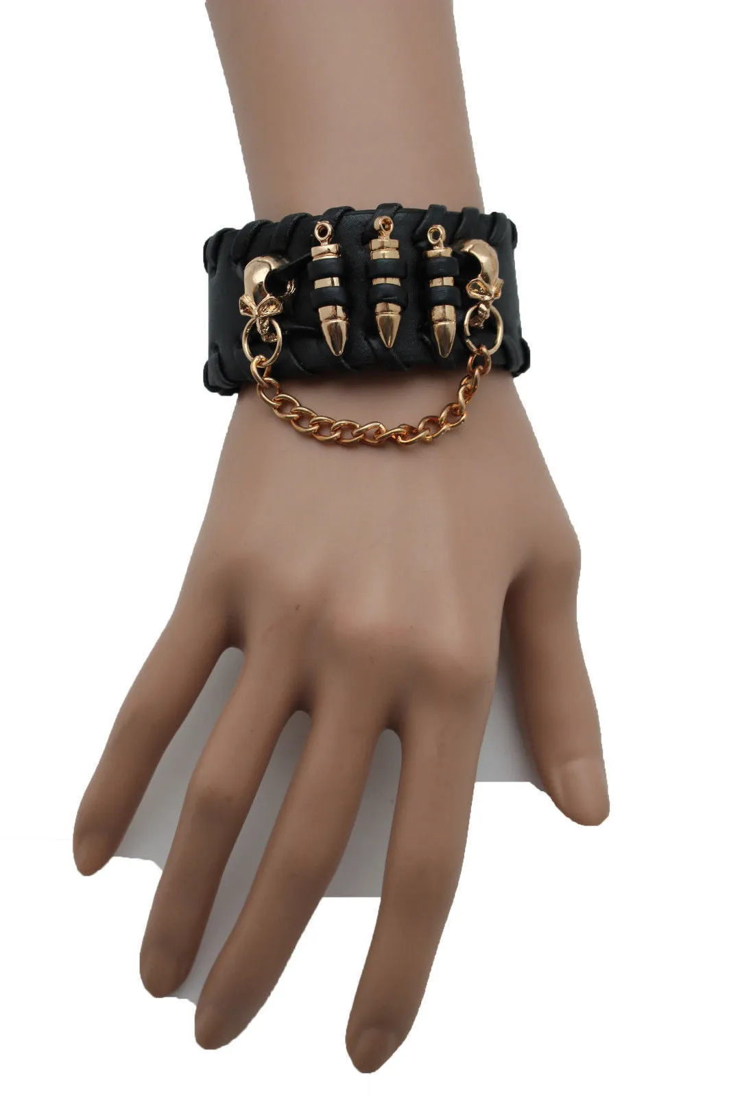 Black Faux Leather Gold Metal Bracelet Chains Skulls Bullet Charms Women Men