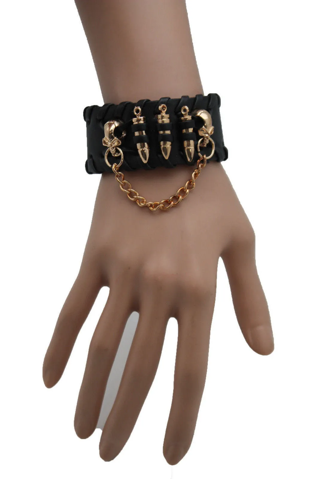 Black Faux Leather Gold Metal Bracelet Chains Skulls Bullet Charms Women Men