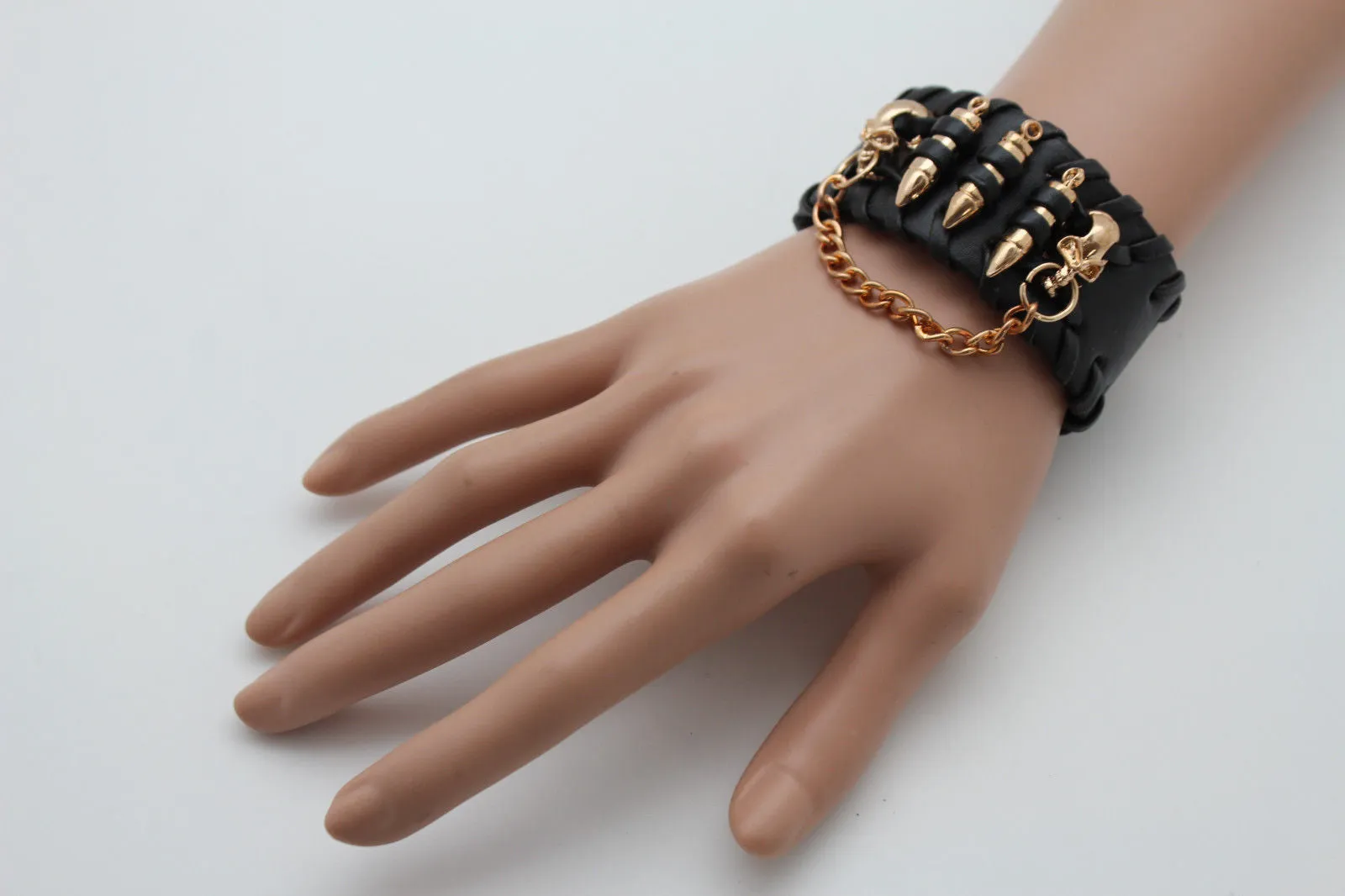 Black Faux Leather Gold Metal Bracelet Chains Skulls Bullet Charms Women Men