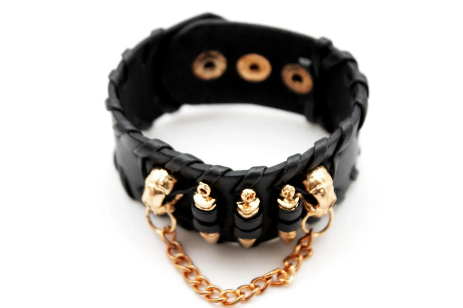 Black Faux Leather Gold Metal Bracelet Chains Skulls Bullet Charms Women Men