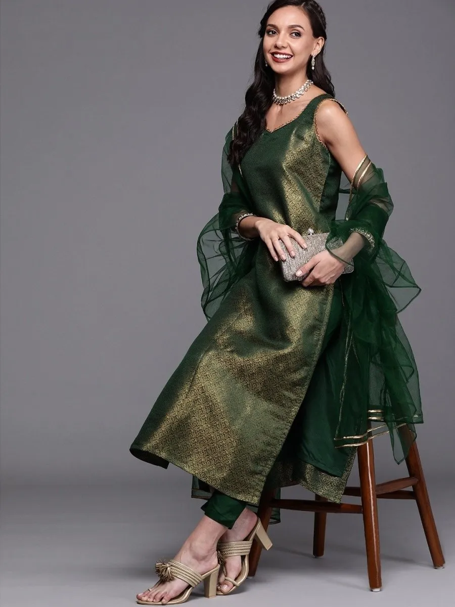 Bottle Green Kurta with Pants and Net Dupatta