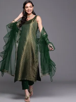 Bottle Green Kurta with Pants and Net Dupatta