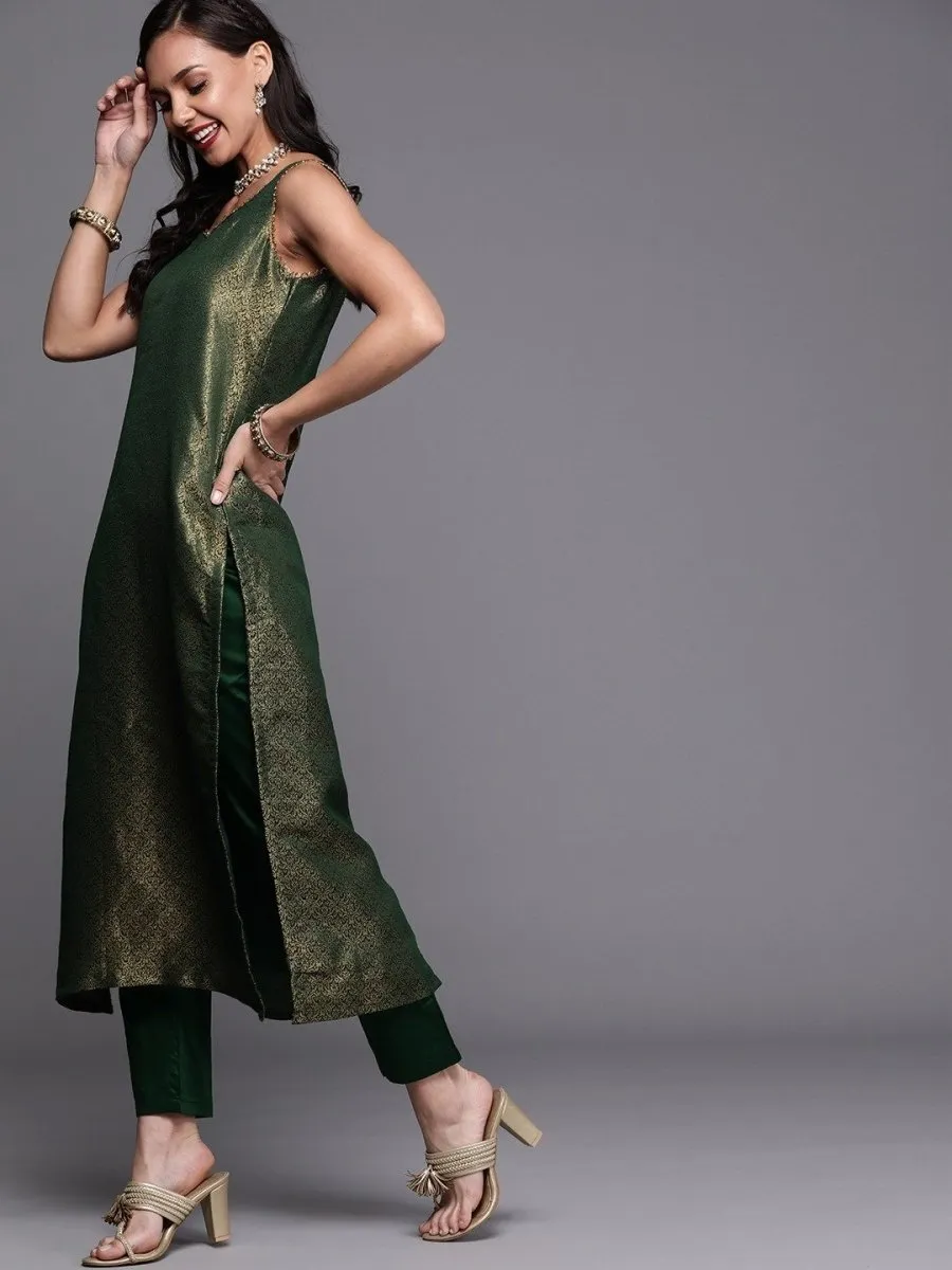 Bottle Green Kurta with Pants and Net Dupatta