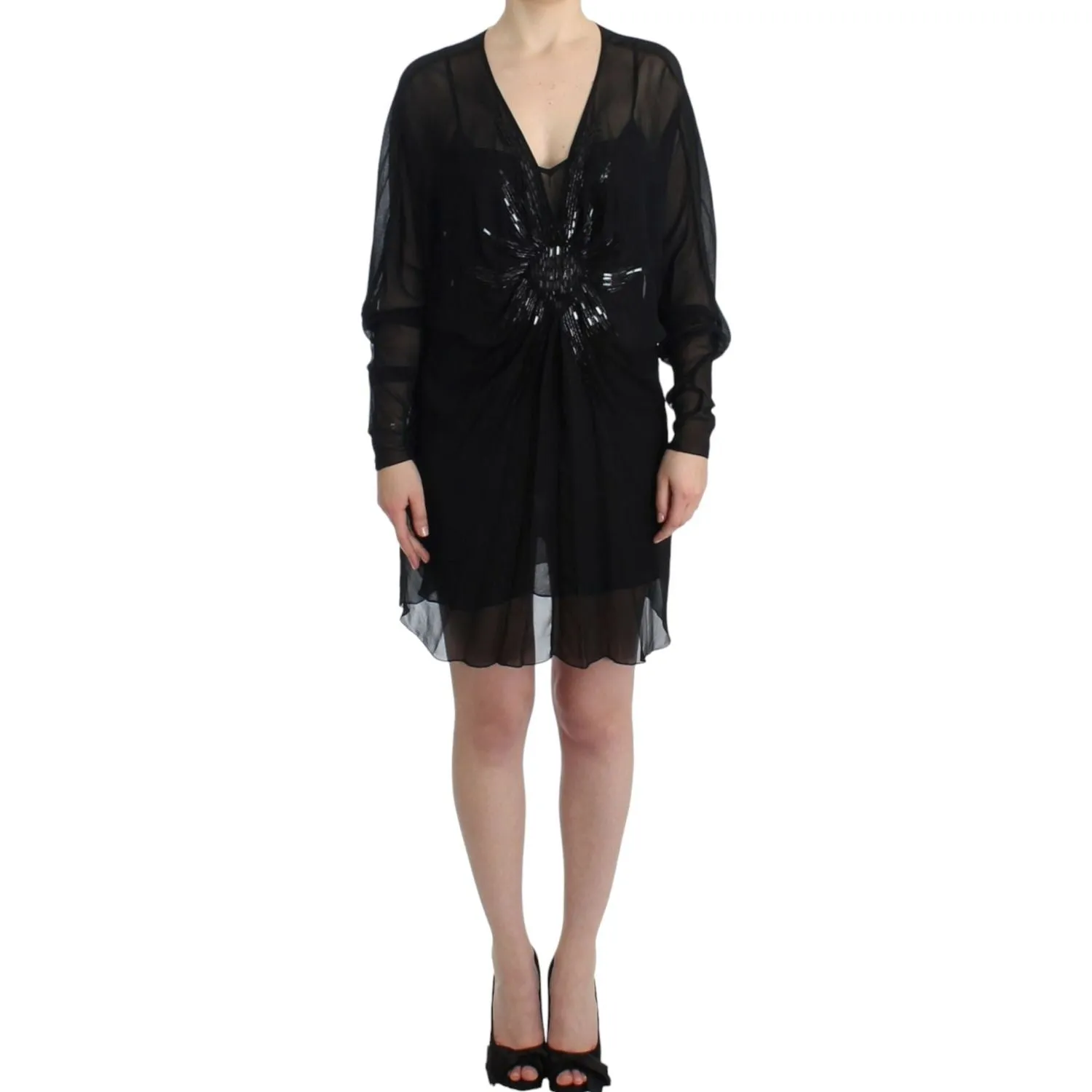 Cavalli Elegant Sheer Black Silk Blouson Dress