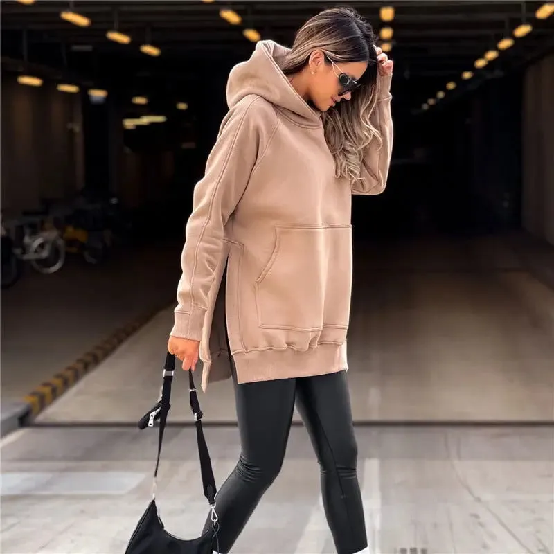 Fashion Women's Solid Color Split Hoodie Sweater