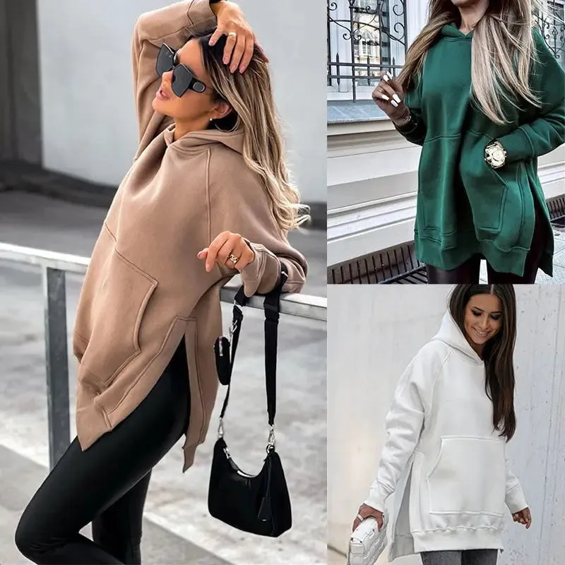 Fashion Women's Solid Color Split Hoodie Sweater