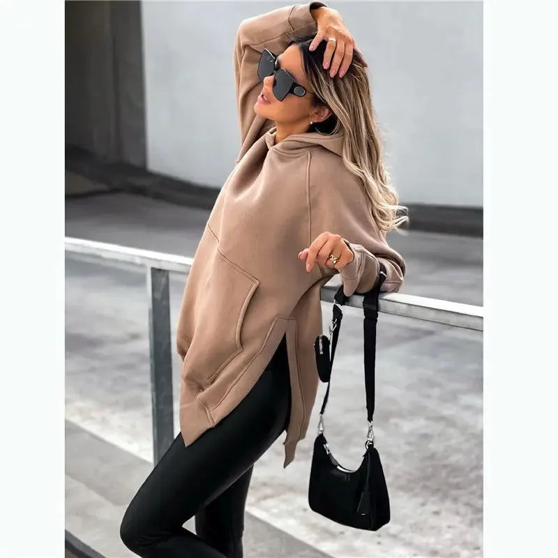 Fashion Women's Solid Color Split Hoodie Sweater