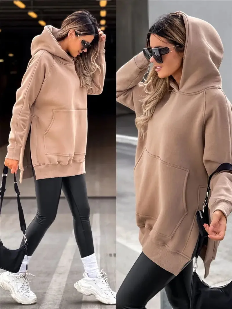 Fashion Women's Solid Color Split Hoodie Sweater