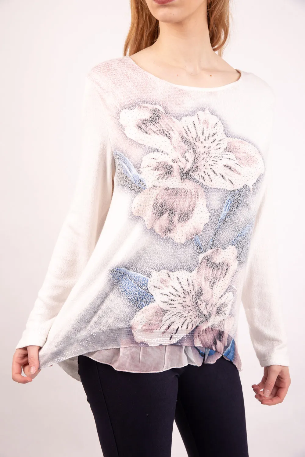 Floral Print Diamante Frill Top