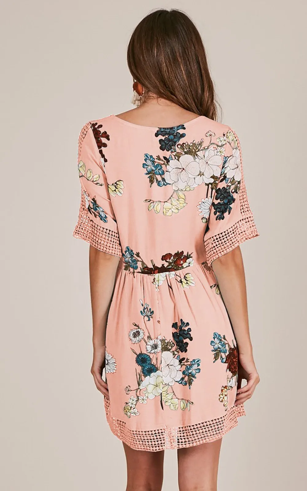 FLORAL V NECK CASUAL HALF SLEEVE MINI DRESS