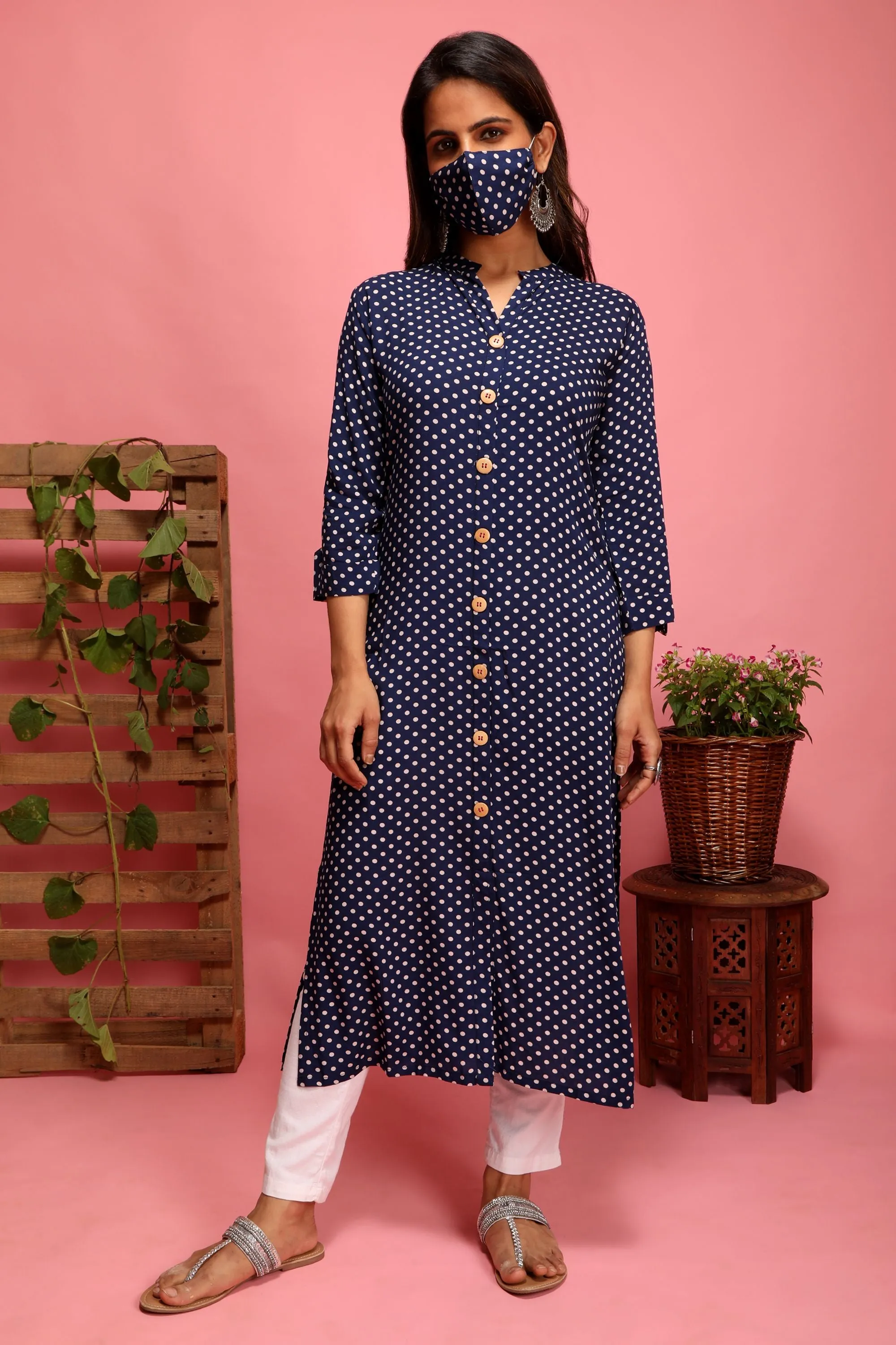 Forever Indigo - Small Print kurta with mask