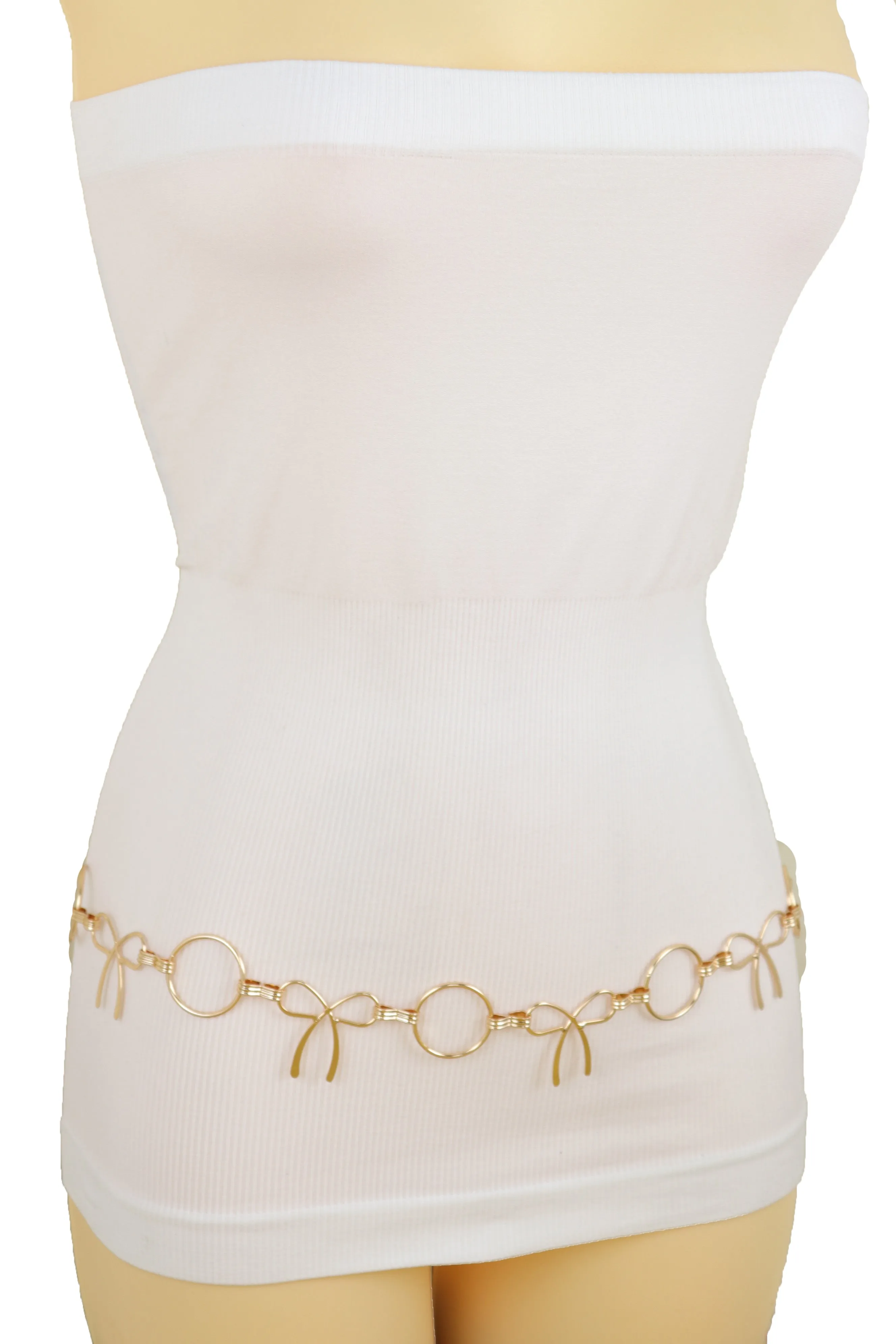 High Waist Hip Gold Metal Chain Waistband Belt Circle Bow Tie Charms S M L