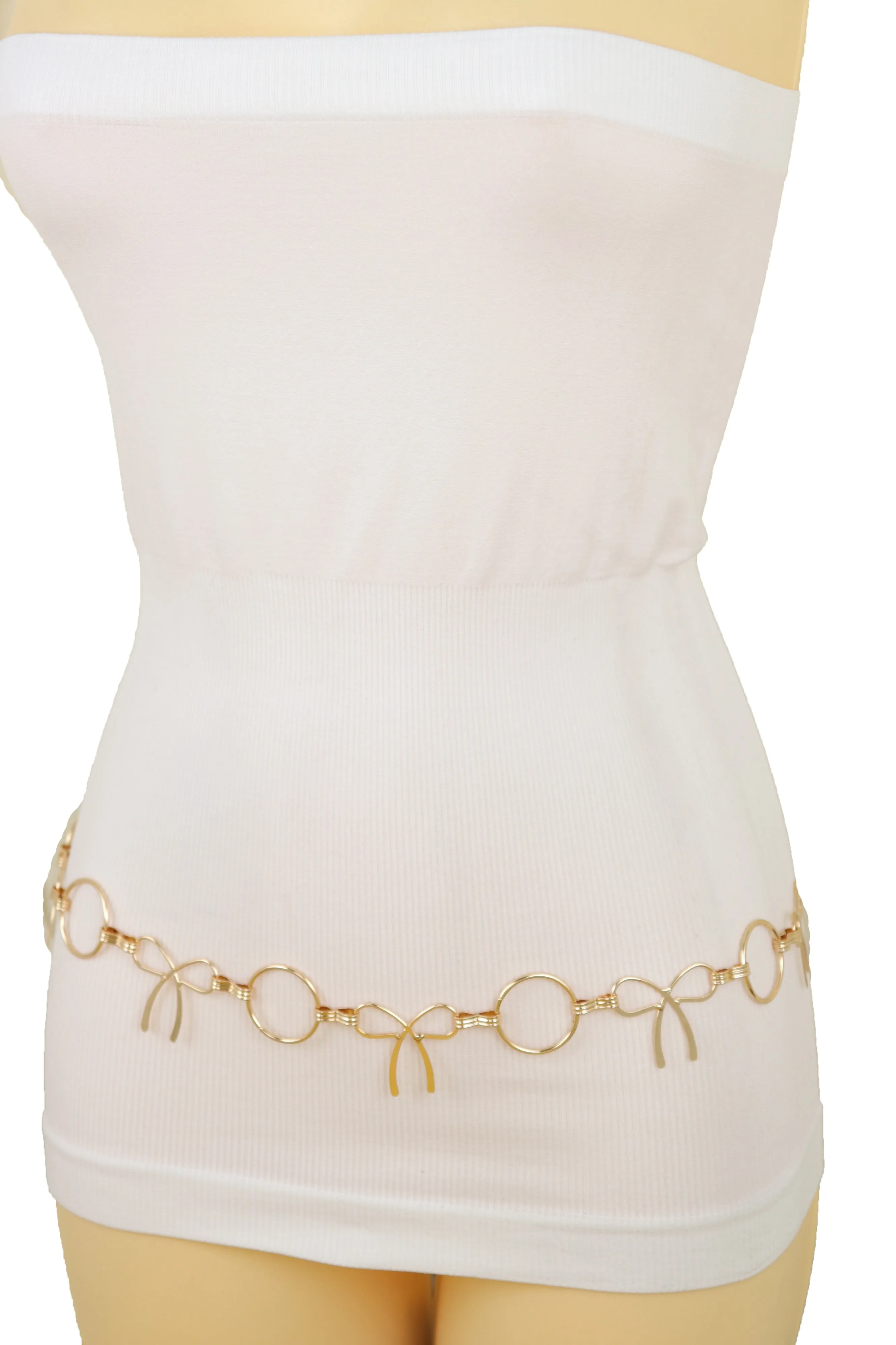 High Waist Hip Gold Metal Chain Waistband Belt Circle Bow Tie Charms S M L