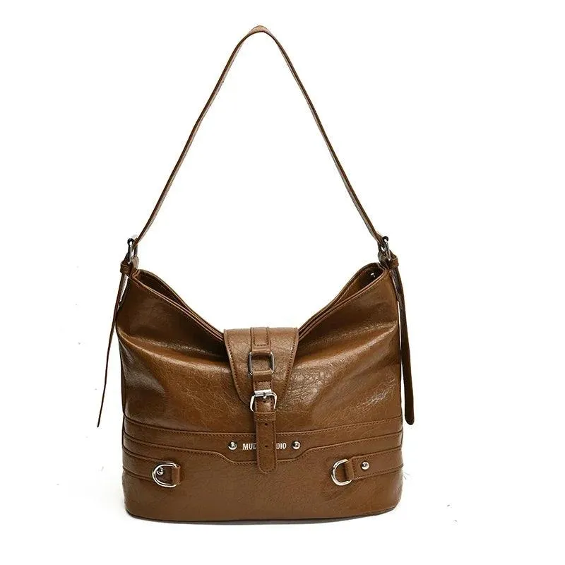 Large Shoulder Bags Women's Soft Leather Belt Buckle Zipper Crossbody Purses