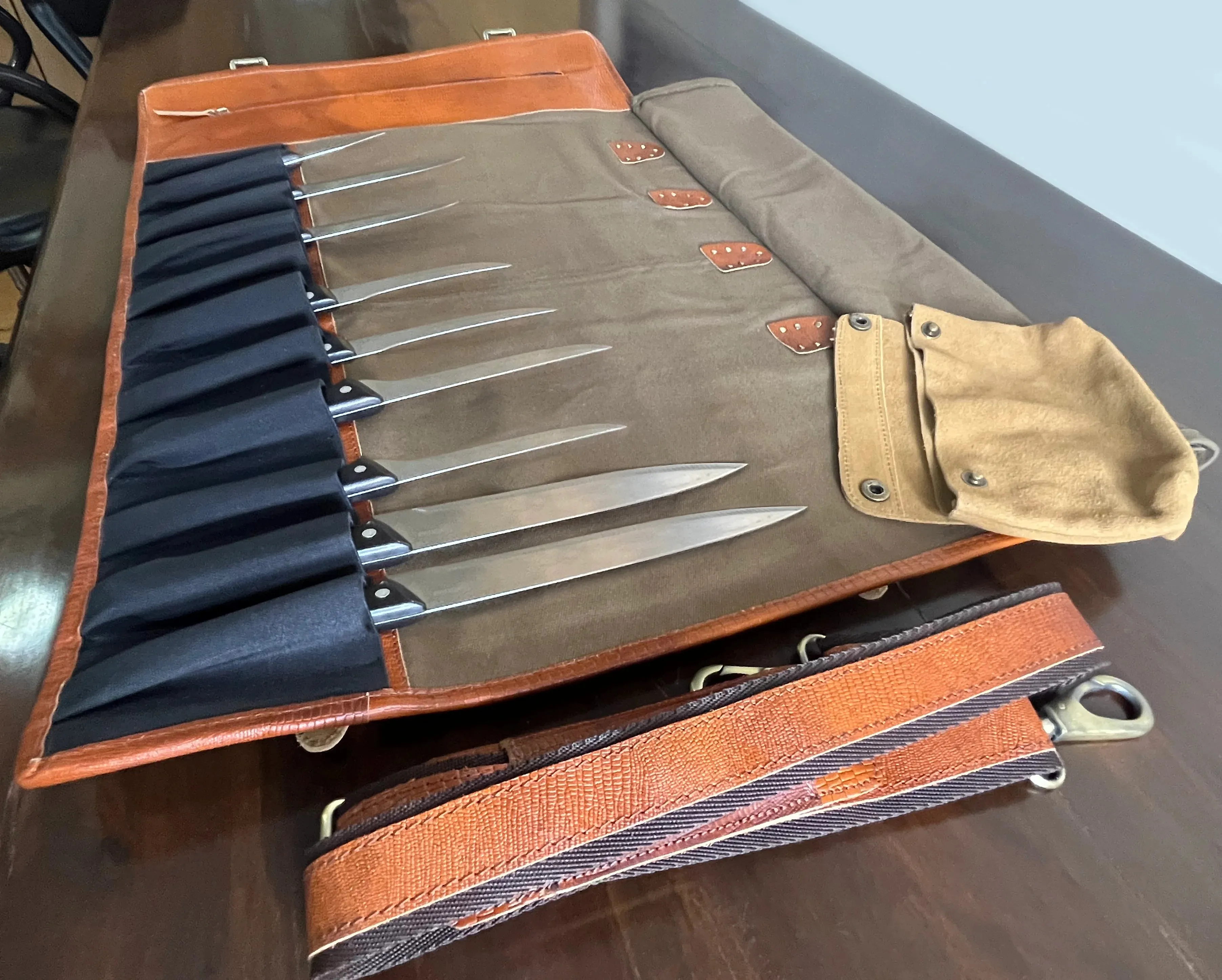 Leather Canvas Knife Roll Storage Bag (Brown Rust)