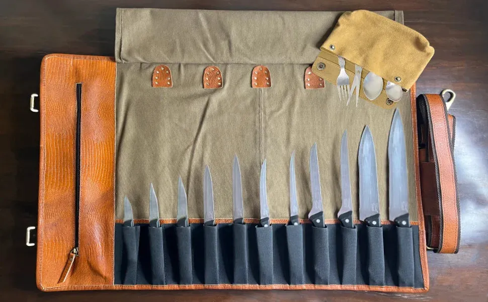 Leather Canvas Knife Roll Storage Bag (Brown Rust)