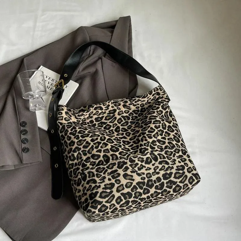 Leopard Large Shoulder Bags Soft Canvas Fabric Snap Women's Square Crossbody