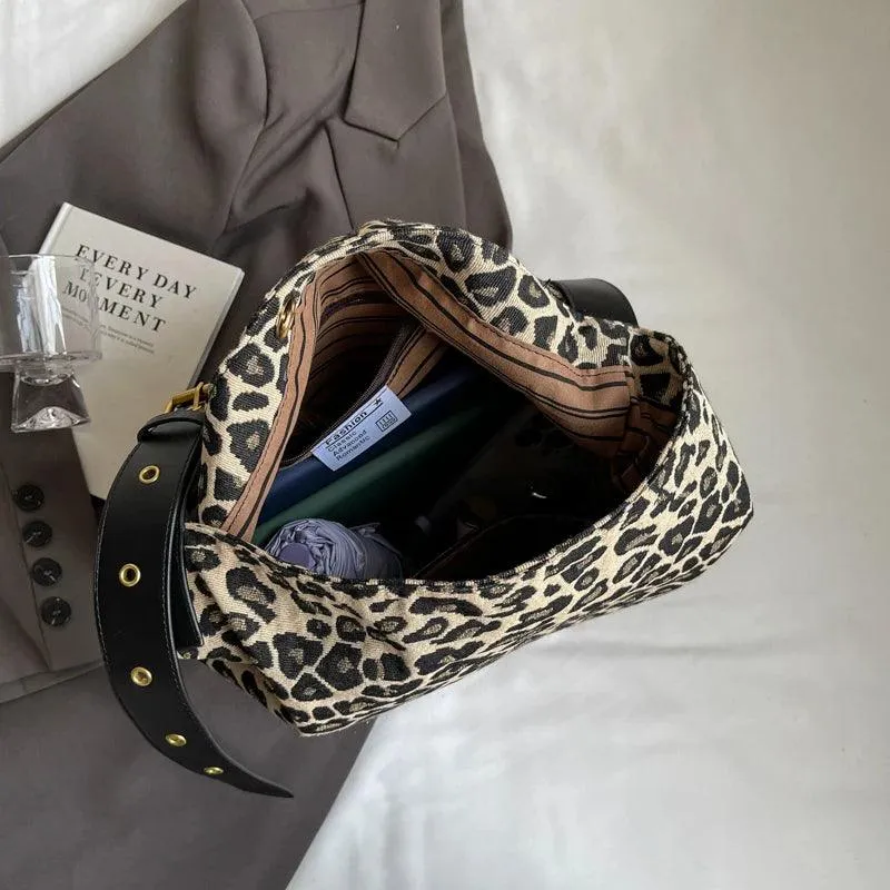 Leopard Large Shoulder Bags Soft Canvas Fabric Snap Women's Square Crossbody