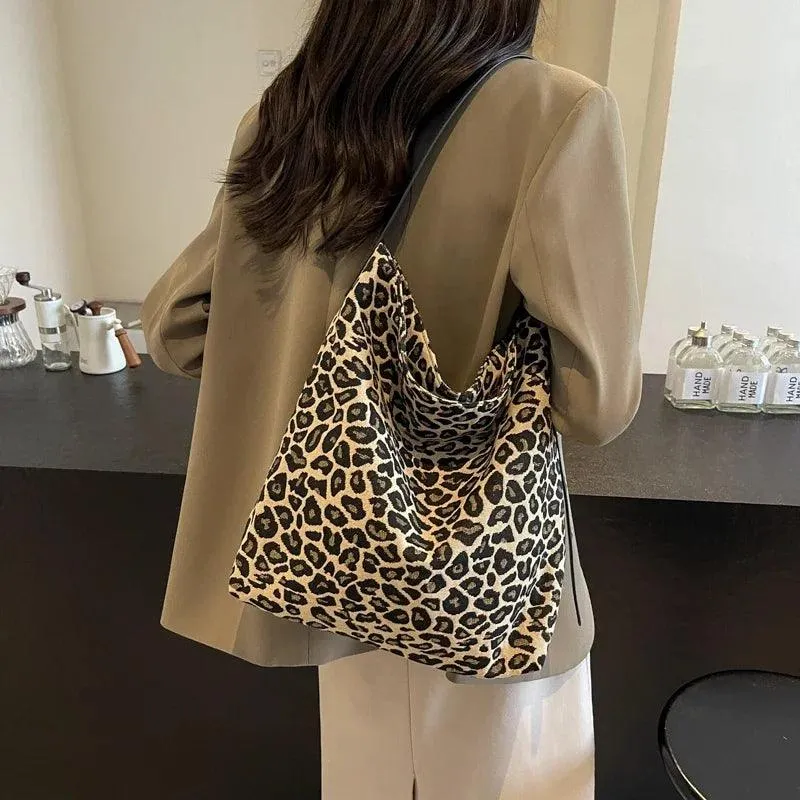 Leopard Large Shoulder Bags Soft Canvas Fabric Snap Women's Square Crossbody