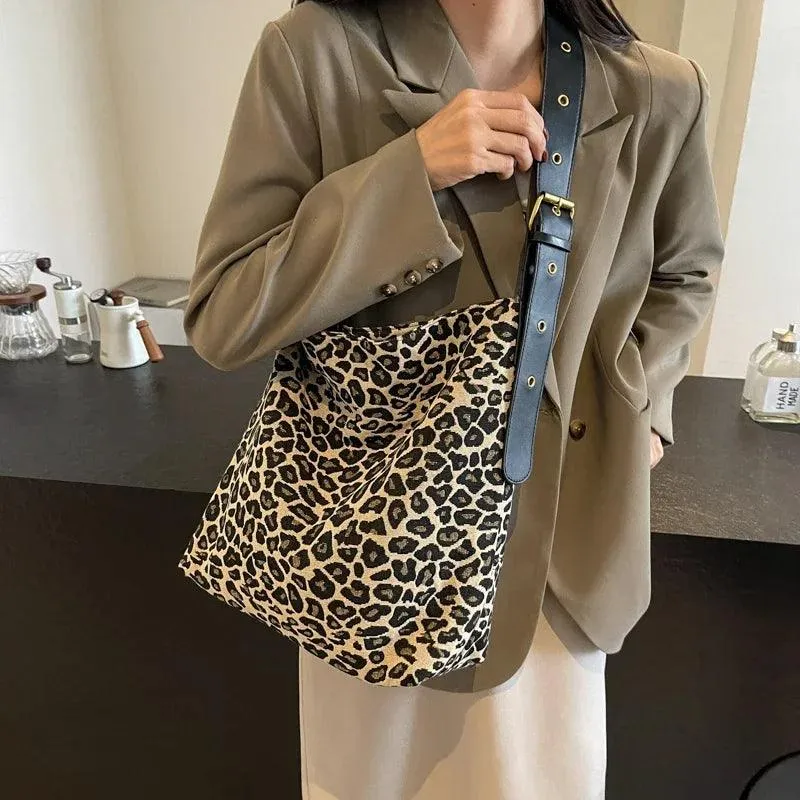 Leopard Large Shoulder Bags Soft Canvas Fabric Snap Women's Square Crossbody