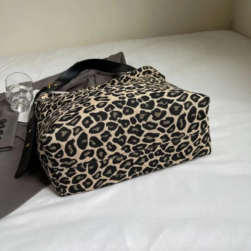 Leopard Large Shoulder Bags Soft Canvas Fabric Snap Women's Square Crossbody