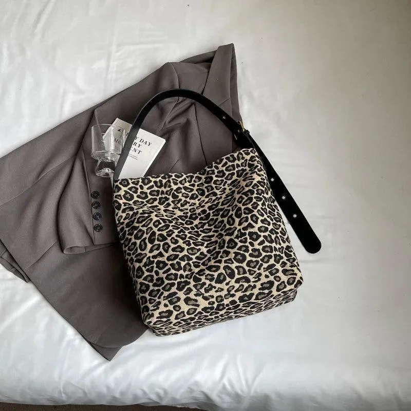 Leopard Large Shoulder Bags Soft Canvas Fabric Snap Women's Square Crossbody