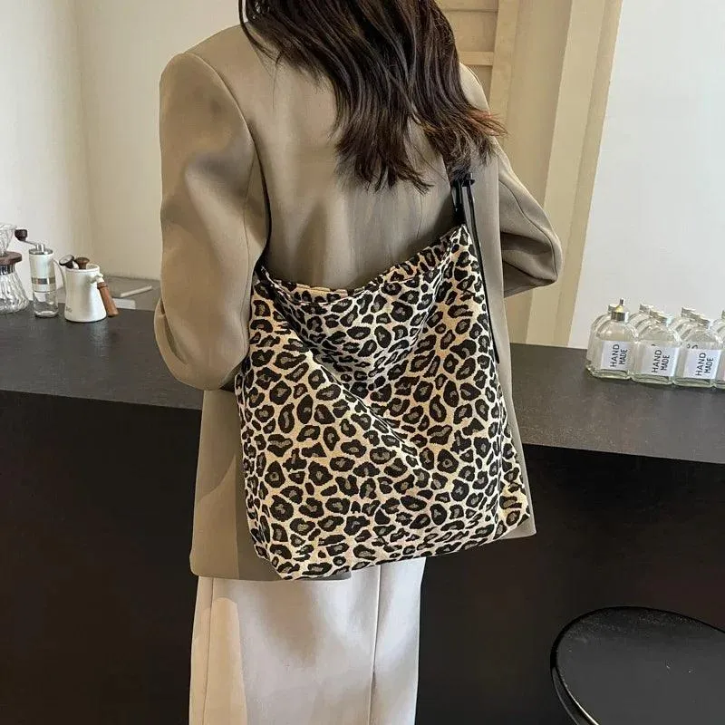 Leopard Large Shoulder Bags Soft Canvas Fabric Snap Women's Square Crossbody