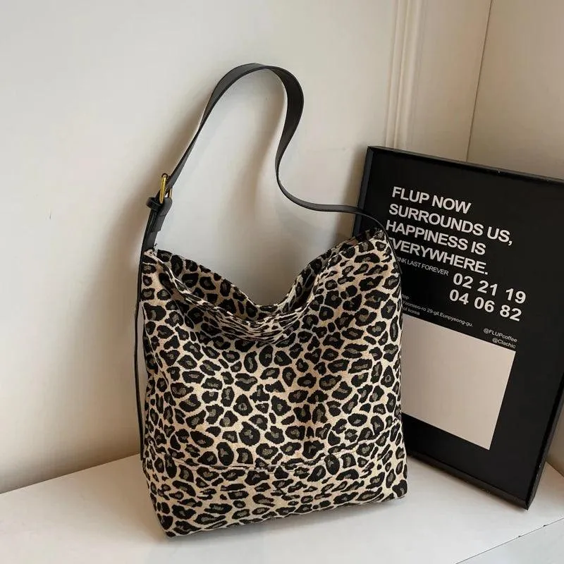 Leopard Large Shoulder Bags Soft Canvas Fabric Snap Women's Square Crossbody