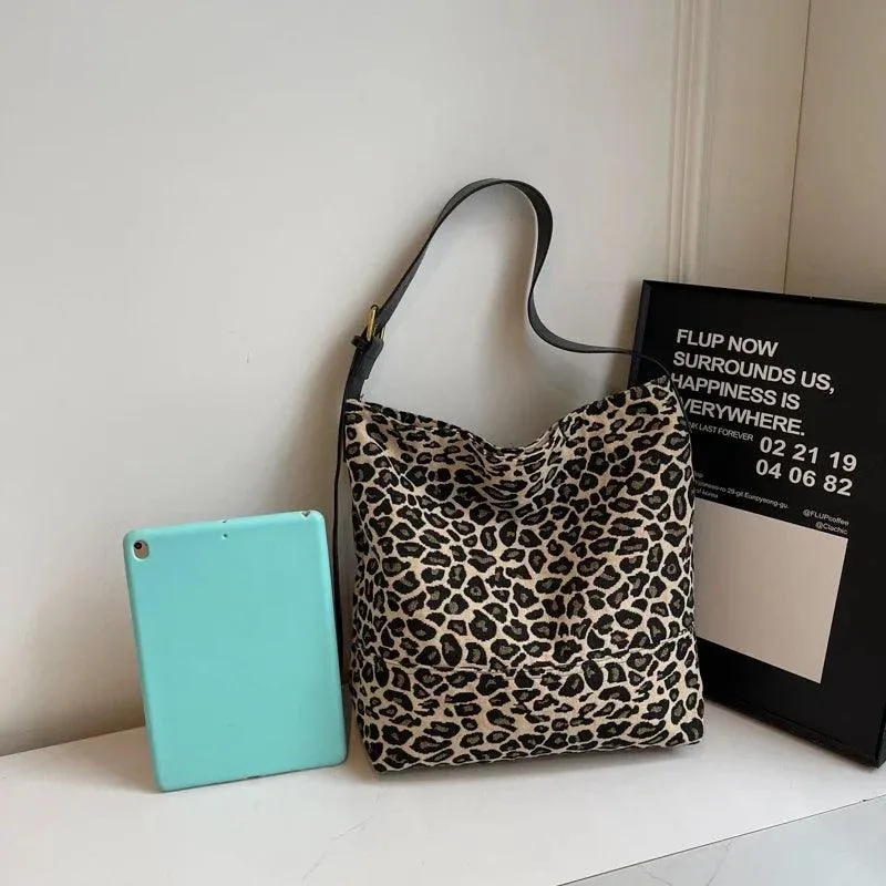 Leopard Large Shoulder Bags Soft Canvas Fabric Snap Women's Square Crossbody