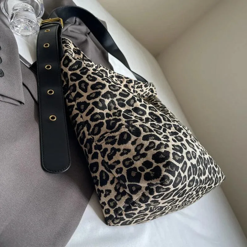 Leopard Large Shoulder Bags Soft Canvas Fabric Snap Women's Square Crossbody