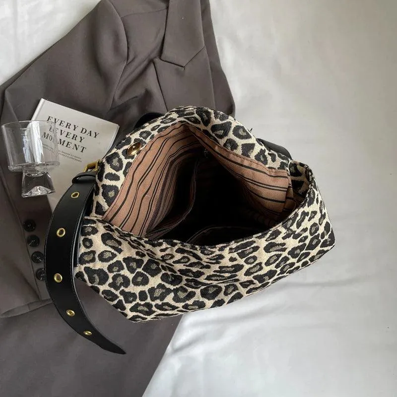 Leopard Large Shoulder Bags Soft Canvas Fabric Snap Women's Square Crossbody