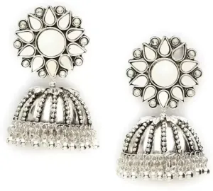 Nityakshi Women's oversized German Silver Statement Mirror Work Jhumka Earring