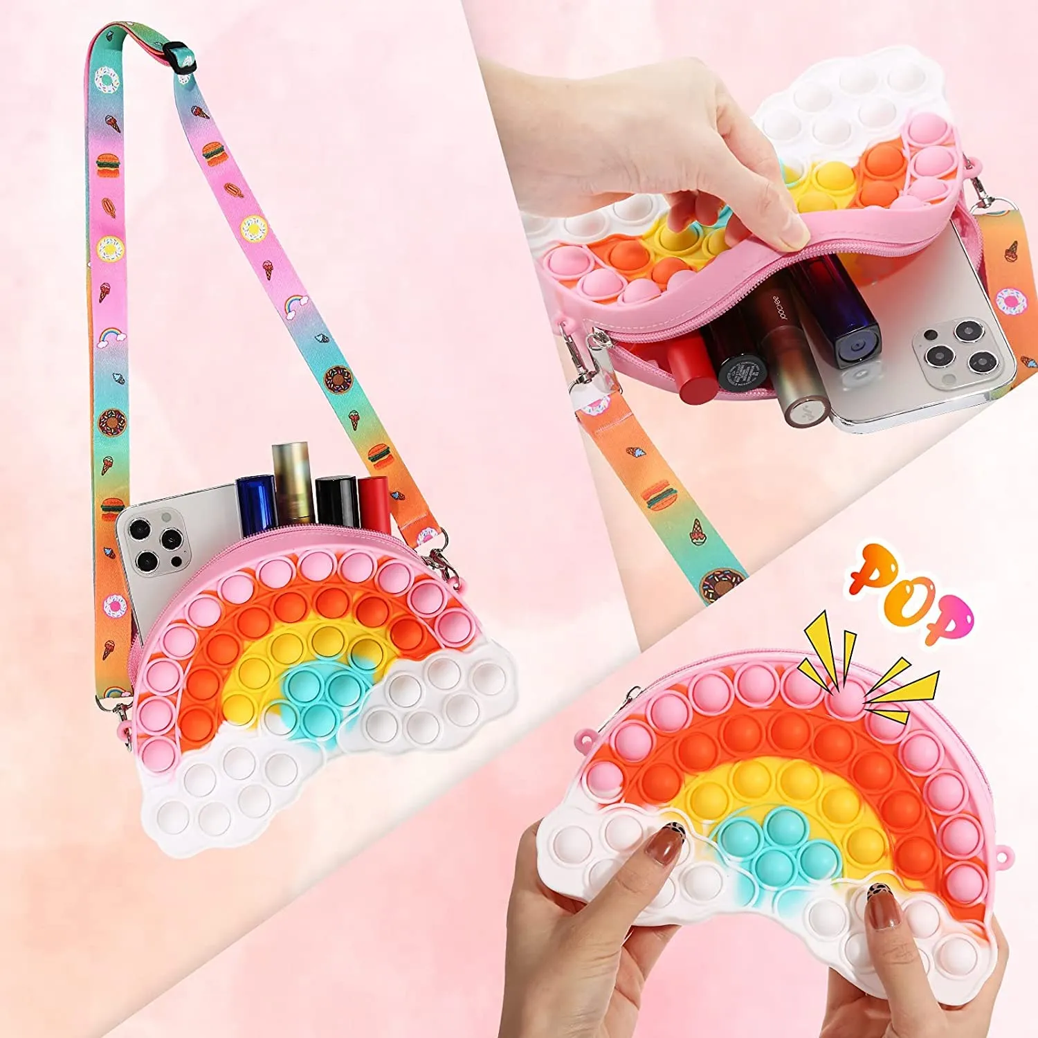 Party Propz Pop it Bag For Girls - Kids Purse for Girls Popit | Pop it Purse for Girls | Rainbow Pop it Sling Bag | Rainbow Clouds Pop Shoulder Bags | Hand Bags for Kids | Poppit Bag for Girls