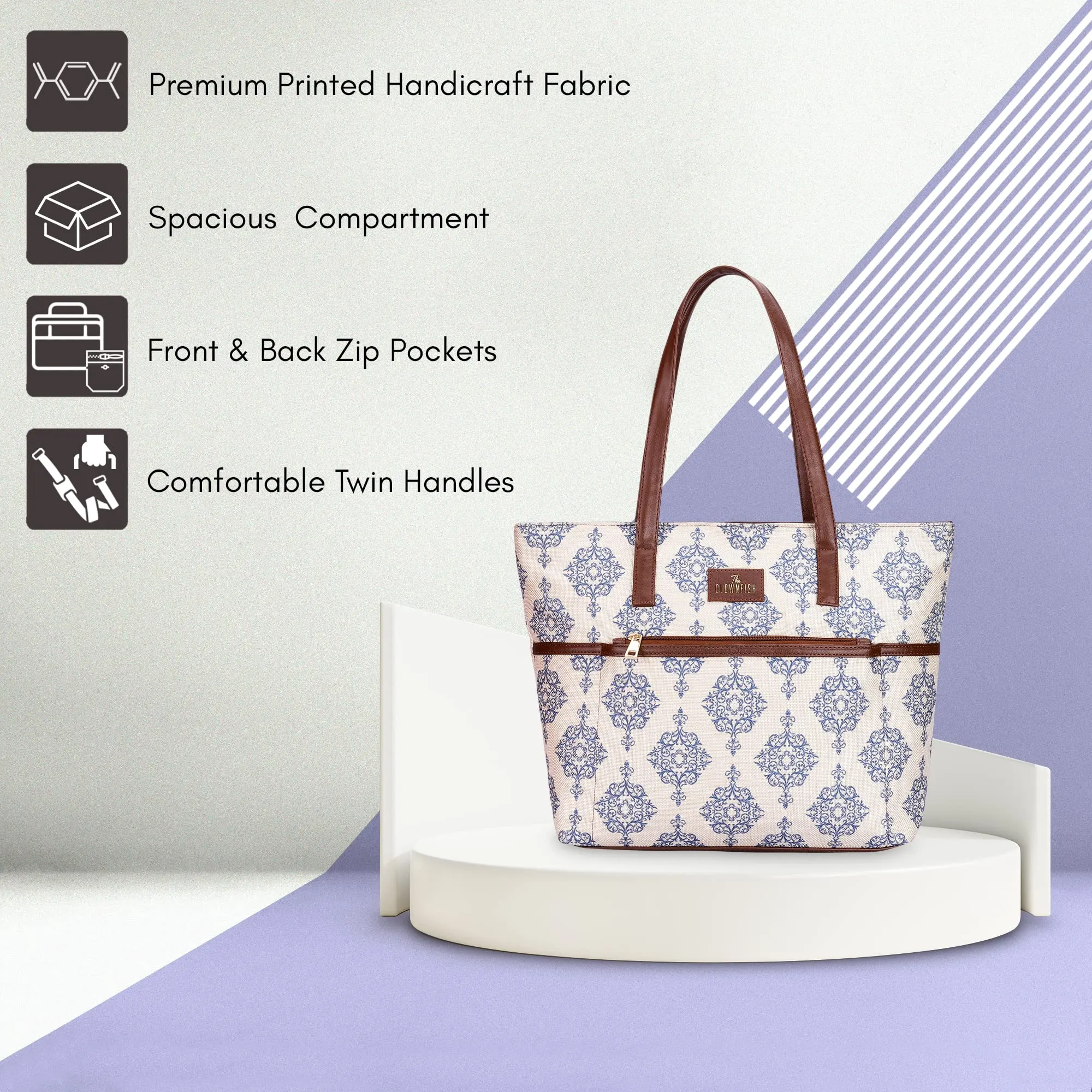 THE CLOWNFISH Concetta Printed Handicraft Fabric & Faux Leather Handbag for Women Office Bag Ladies Shoulder Bag Tote For Women College Girls (Off White)