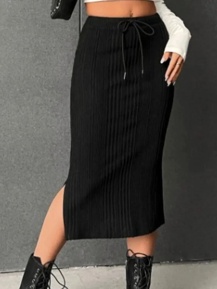 Tie Waist High-Waisted Drawstring Slit Knitted Solid Chic Trendy Comfortable Skirt