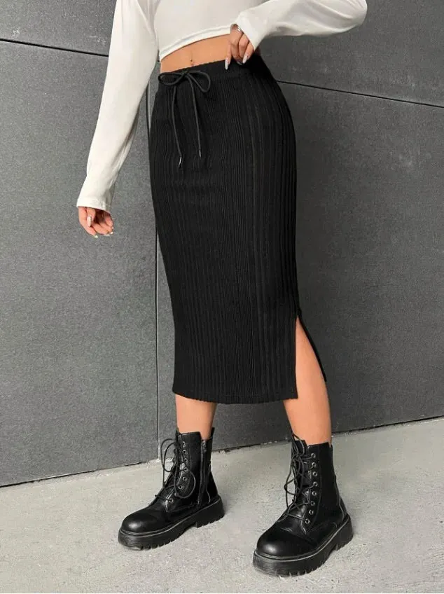 Tie Waist High-Waisted Drawstring Slit Knitted Solid Chic Trendy Comfortable Skirt