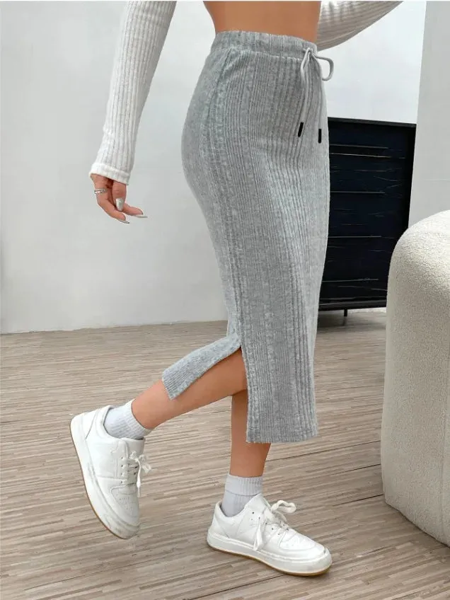 Tie Waist High-Waisted Drawstring Slit Knitted Solid Chic Trendy Comfortable Skirt