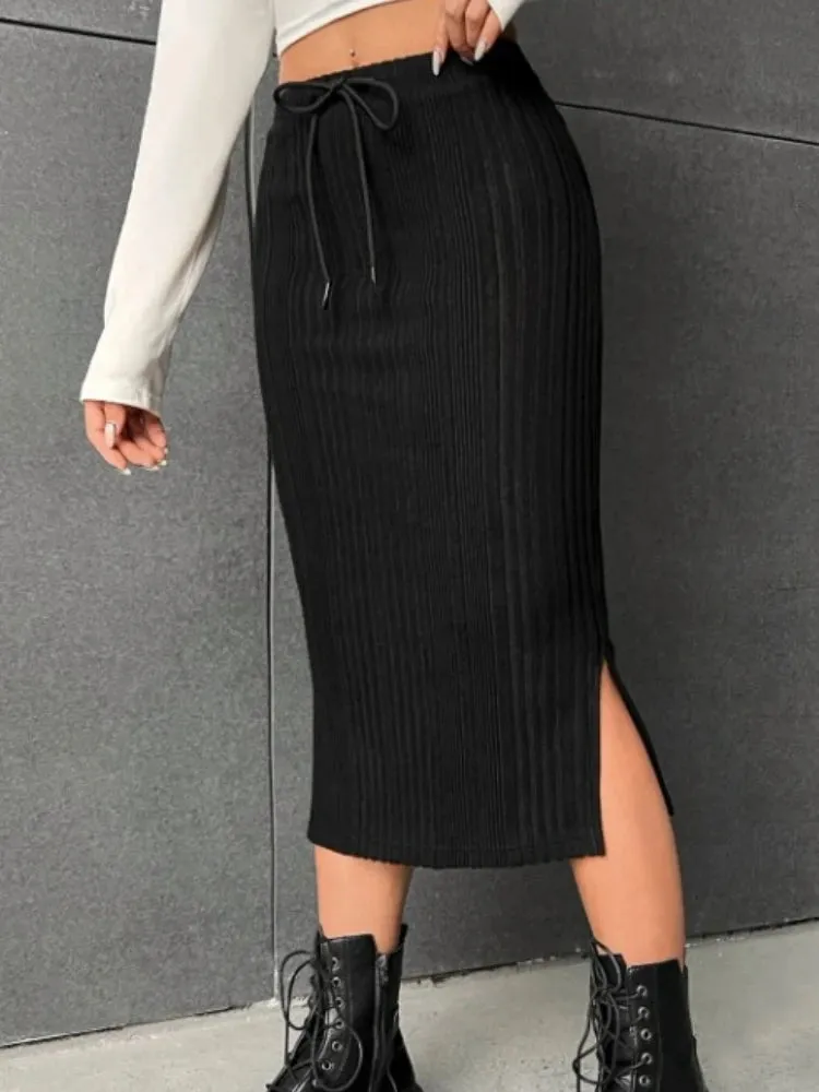 Tie Waist High-Waisted Drawstring Slit Knitted Solid Chic Trendy Comfortable Skirt