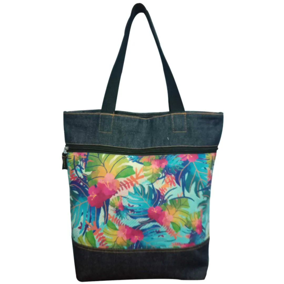 Tropical Upcycled Denim Tote Bag