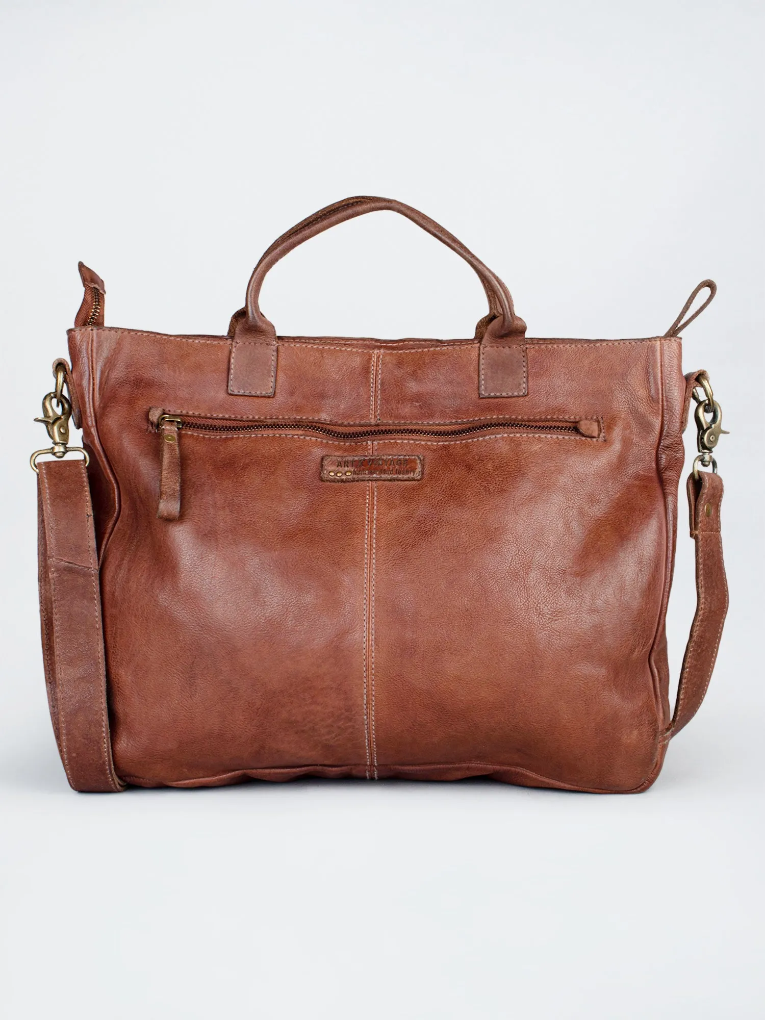 Vintage Cognac Leather Laptop Bag With Front Pocket For Men & Women