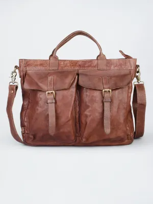 Vintage Cognac Leather Laptop Bag With Front Pocket For Men & Women