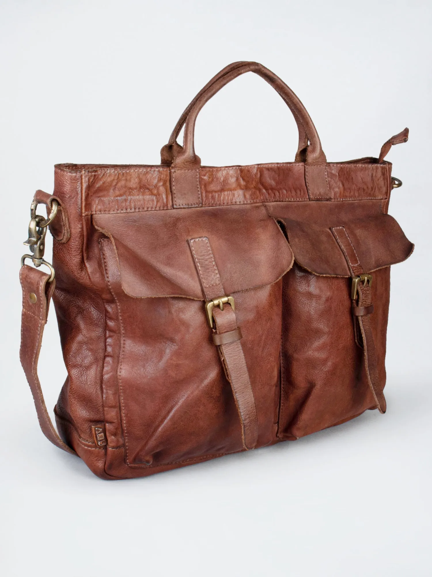 Vintage Cognac Leather Laptop Bag With Front Pocket For Men & Women