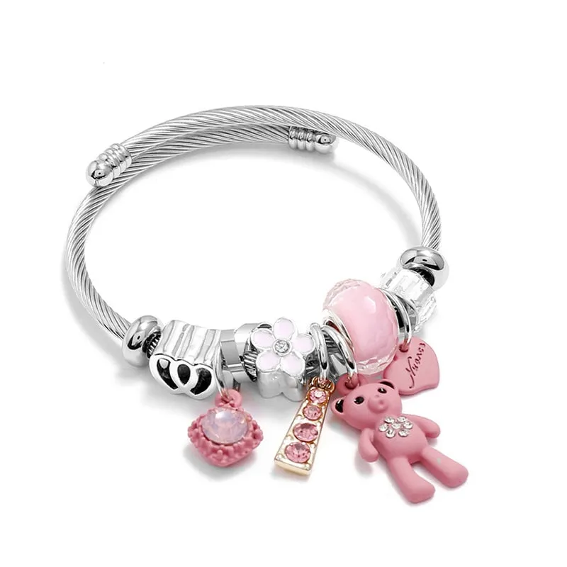 Wenkouban Fashion Bracelets & Bangles Stainless Steel DIY Jewelry Big Pink Bear Pendant Hearts Love Women's Bracelet Cuff Charms Pulseras