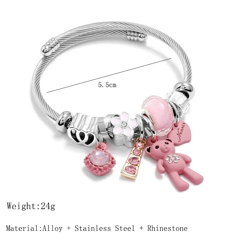 Wenkouban Fashion Bracelets & Bangles Stainless Steel DIY Jewelry Big Pink Bear Pendant Hearts Love Women's Bracelet Cuff Charms Pulseras